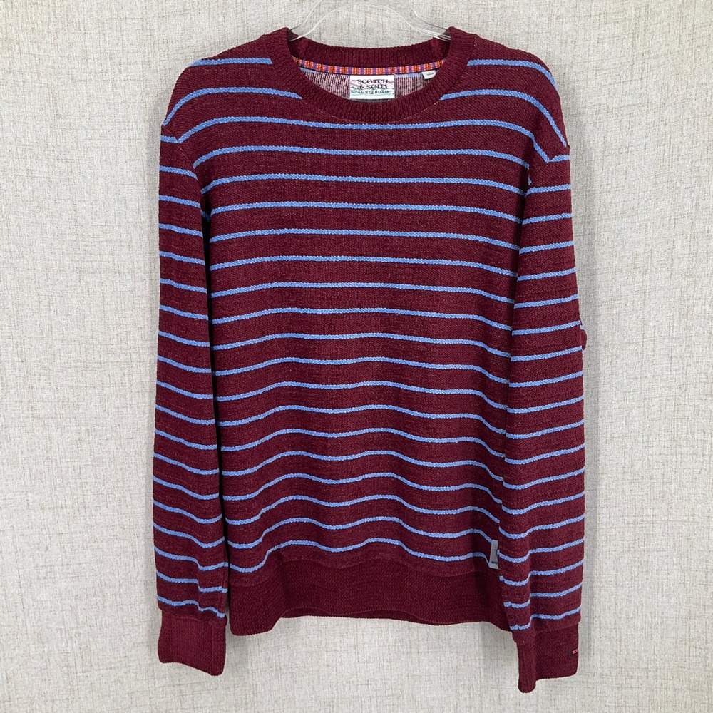 Scotch & Soda Sweater Mens M Burgundy Blue Striped Textured Knit Crewneck NEW